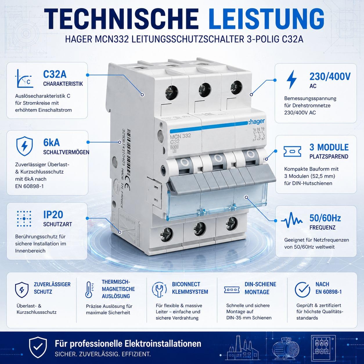 Hager MCN332 Leitungsschutzschalter 3-polig C32A, LS-Schalter 32A für Drehstrom & Hutschiene, 6kA Sicherungsautomat, biconnect Klemmsystem, DIN EN 60898-1, 230/400V AC