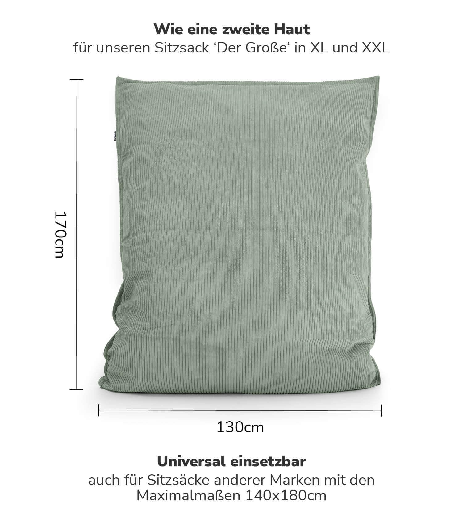 mokebo Sitzsack Bezug aus Cord 'Das Kuschel-Cover', Cover für den Riesen-Sitzsack 'Der Große', Cordbezug in Salbei für Sitzkissen & Liegekissen, für alle XXL Sitzsäcke bis 140x180 cm anwendbar
