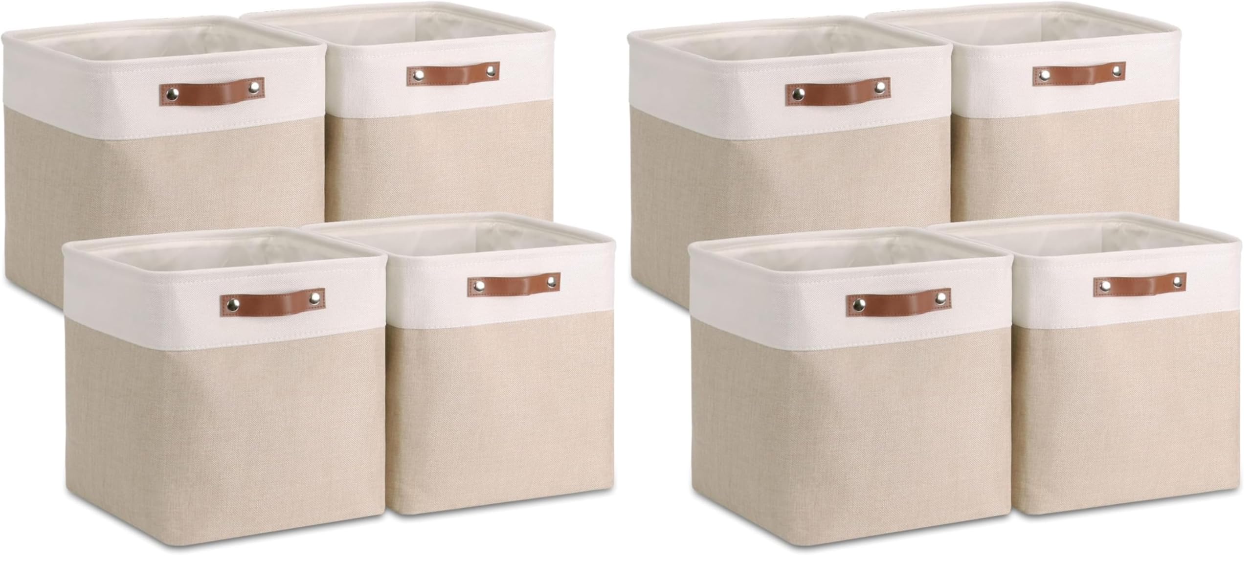 Aufbewahrungsbox Stoff, aufbewahrungskorb 25x25x25 cm, Korbe Stoff in Würfel für Schrank, Regal, und Kleidung, Khaki/Weiß 8er Pack