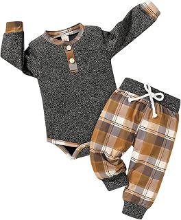 Newborn Baby Boy Fall Clothes Infant Plaid Long Sleeve Button Romper and Pants Set Winter Outfits