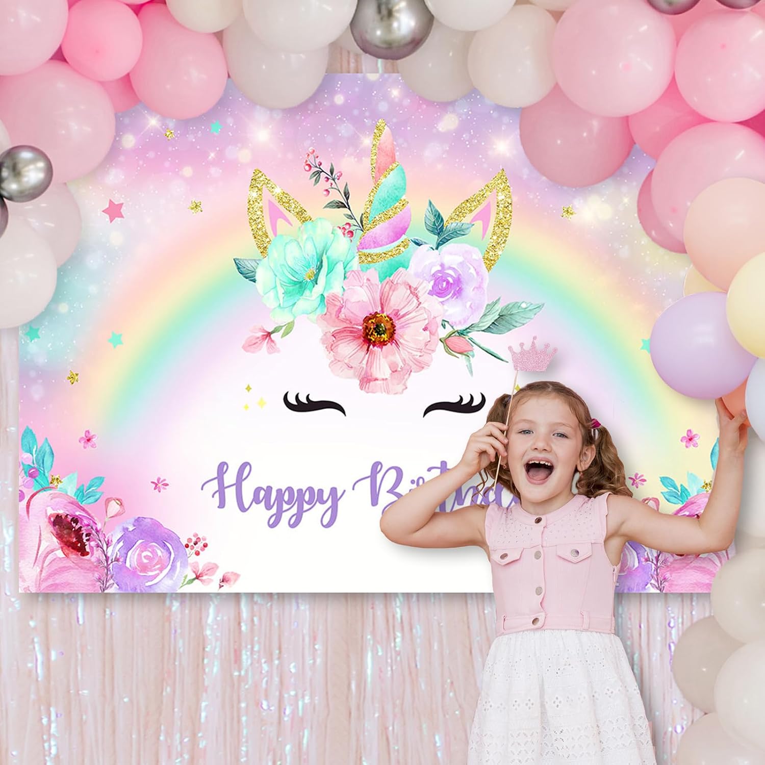 Avezano Unicorn Birthday Backdrop Gold Glitter Rainbow Unicorn Backdrop for Girls Birthday Party Decorations 7x5ft