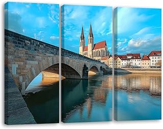 3 Piece Canvas Wall Art Prints Picture regensburg cathedral stone bridge danube germany scenery Framed Wall Painting Modern Artwork Poster Home Decor for Living Room Office Ready to Hang