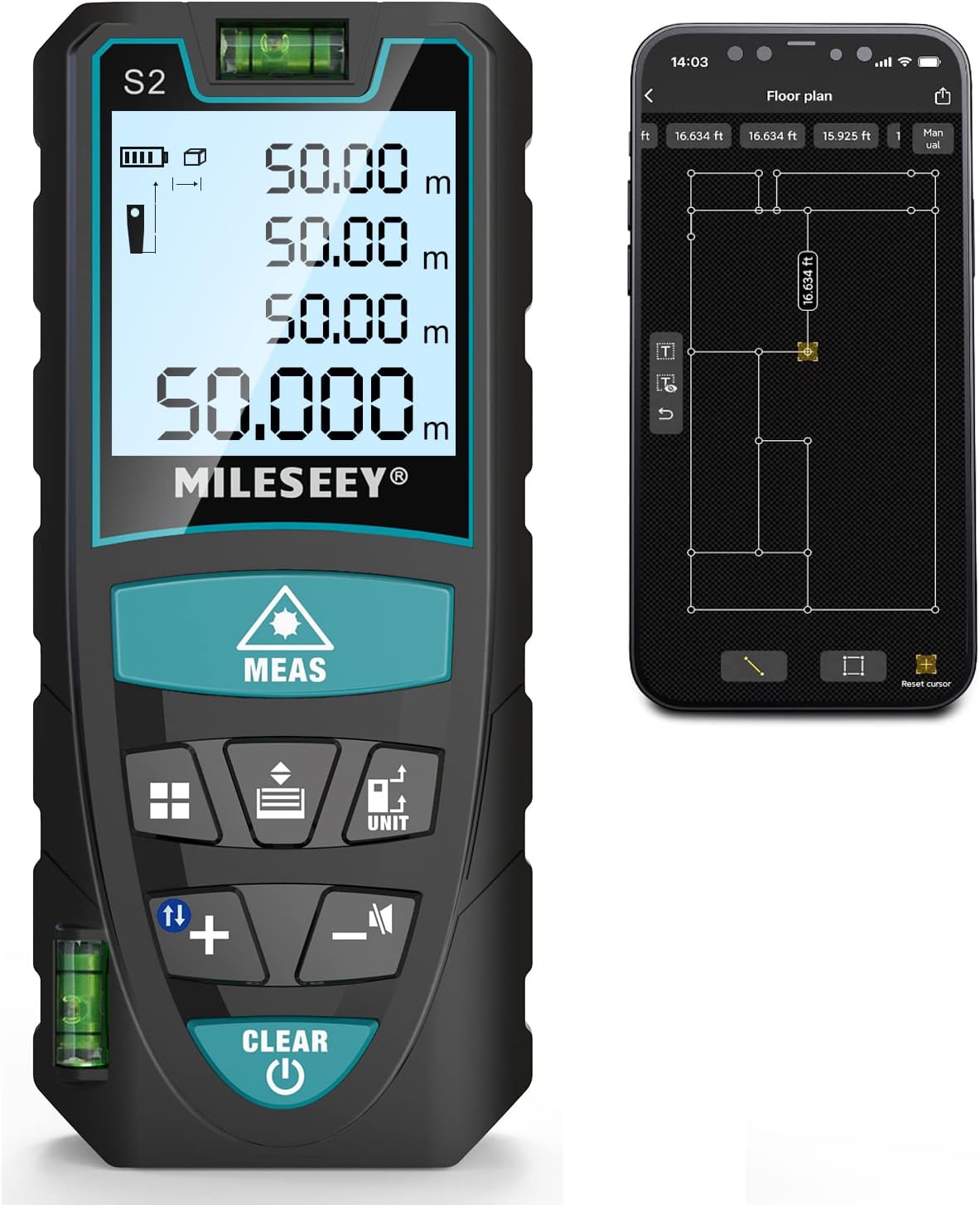 Laser Distance Meter with Phone App,RockSeed IP54 Laser Measure with 2 Bubble Levels,Portable Laser Rangefinder Digital Distance Meter with 4 Line LCD Display and Bigger Clear Backlight