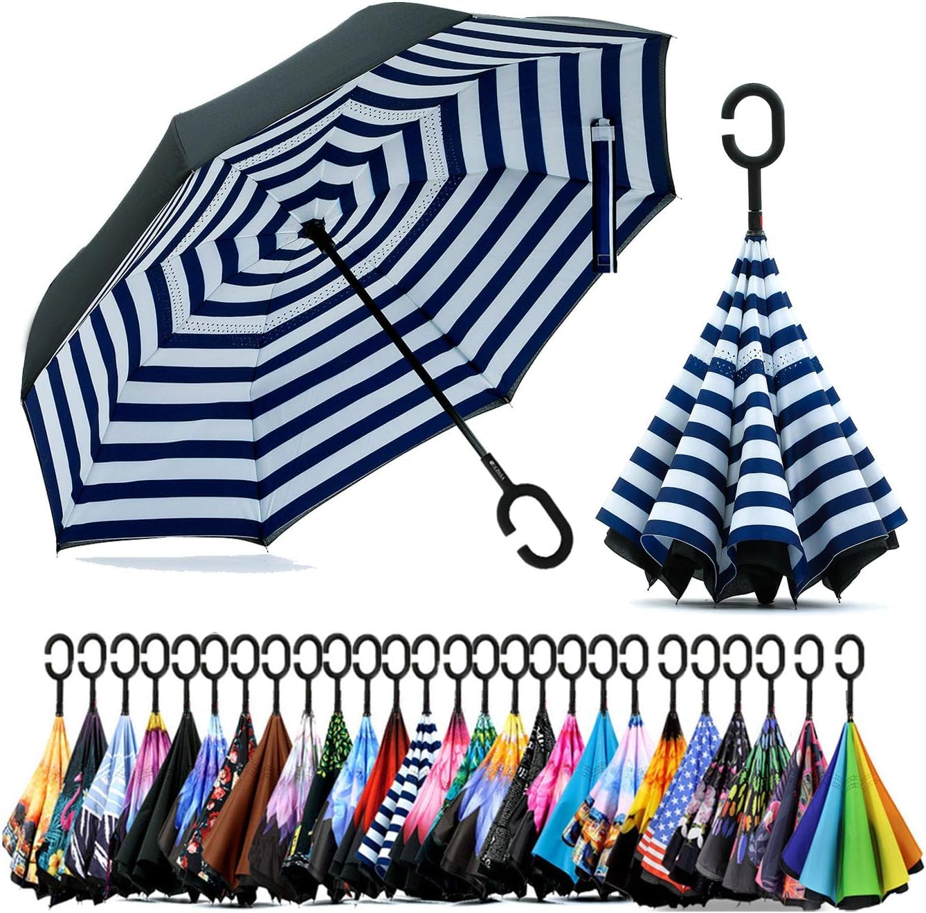 SIEPASA 49/56 Inch Inverted Reverse Upside Down Umbrella, Extra Large Double Canopy Vented Windproof Waterproof Stick Golf Umbrellas with C-shape Handle.