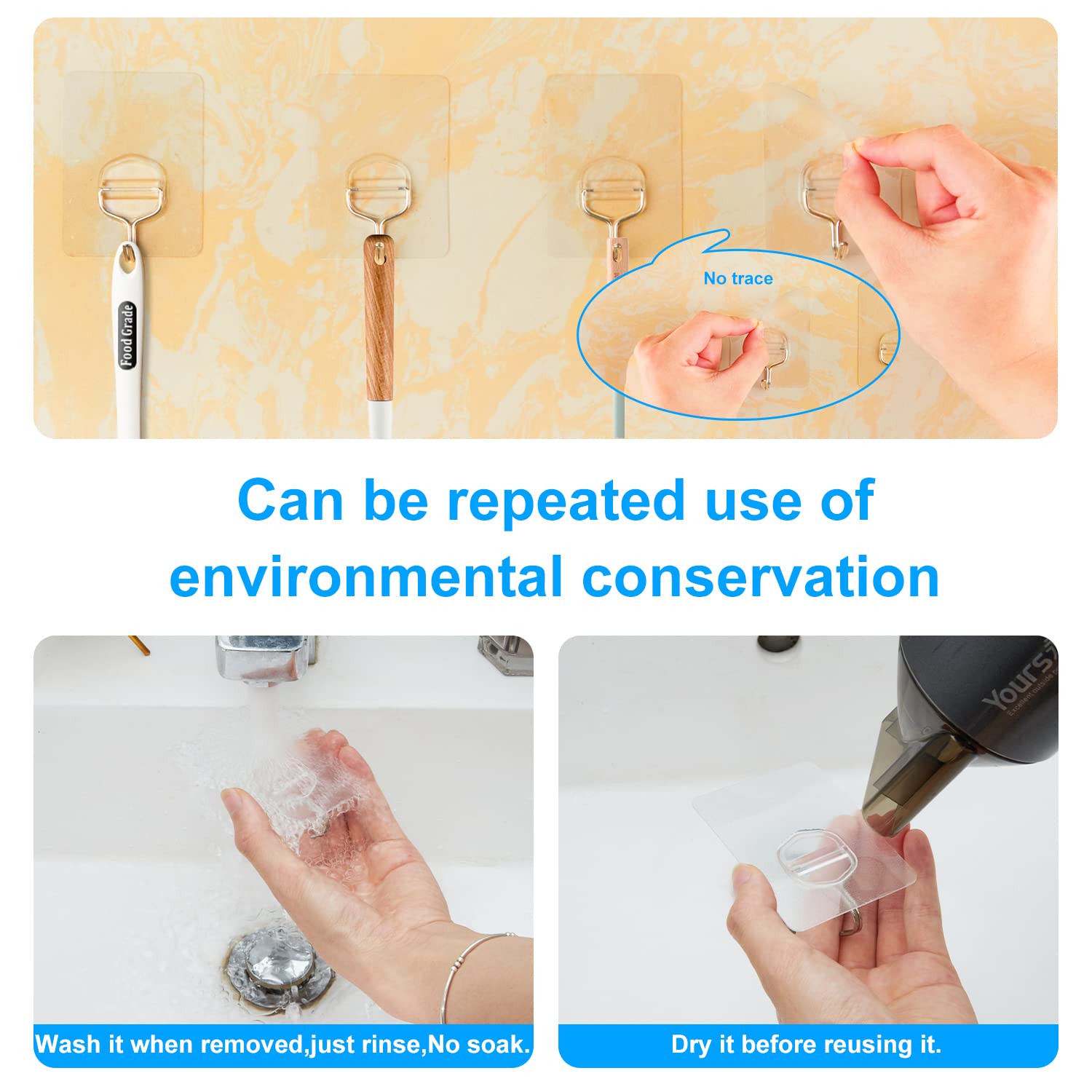 Reusable & Removable Adhesive Hooks 10 Pack - Heavy Duty Waterproof Transparent for Bathroom Shower, Kitchen Door, Outdoor Use, No Residue Wall Mounts for Towel Coat & Home Decor