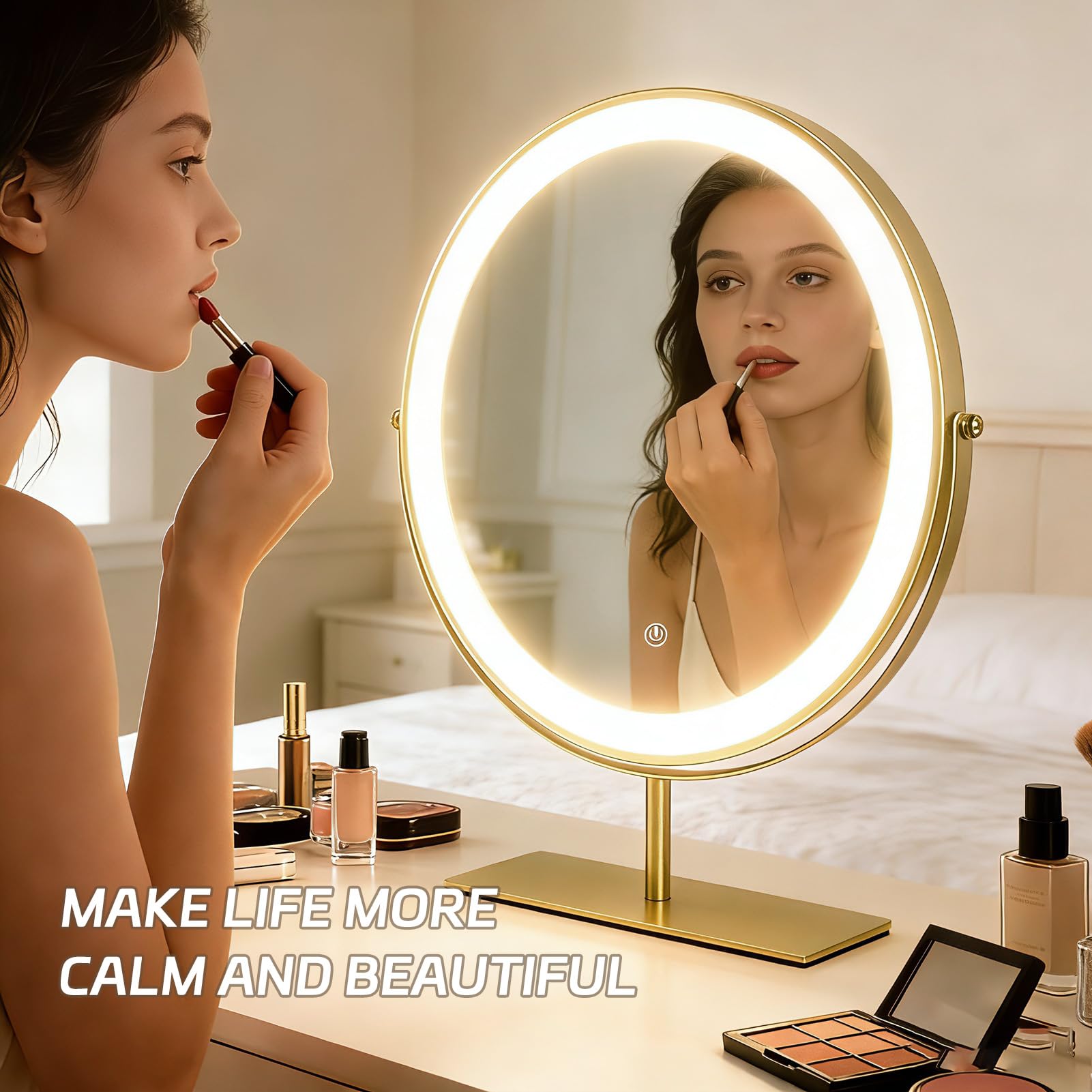 Kosmetikspiegel mit Lichtern, rund, beleuchteter Make-up-Spiegel, hochauflösender, beleuchteter Spiegel für Schlafzimmer, Touch-Steuerung, 3 Farben, dimmbar, 360° drehbar, goldfarben, 40,1 cm