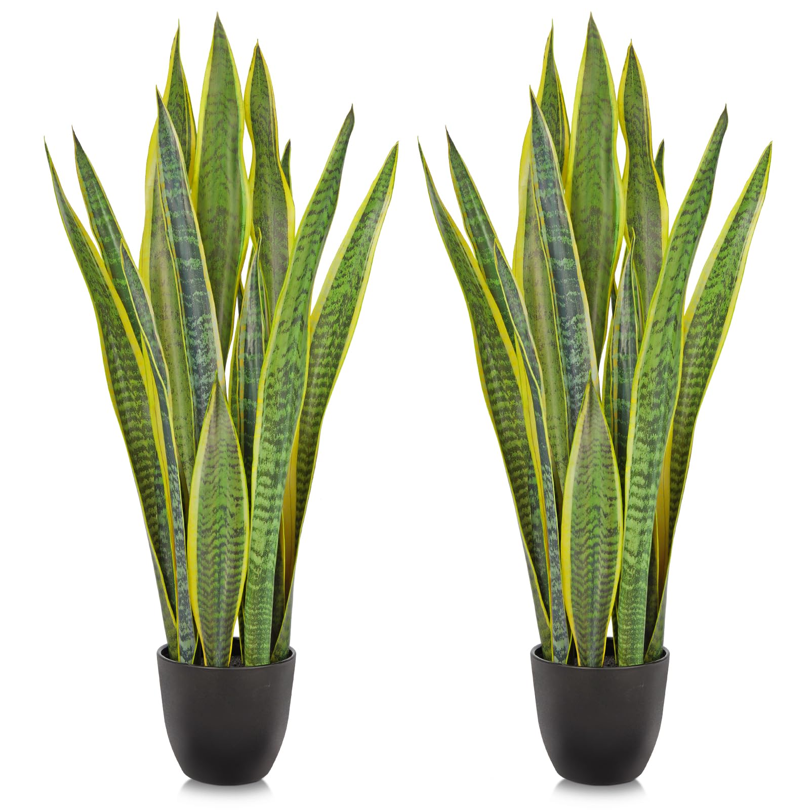 Hollyone 2 Set Artificial Snake Plant Potted, 28 Inch Faux Sansevieria Trifasciata Plants Large Tall Tropical Fake Snake Plants Tree in Black Pot for