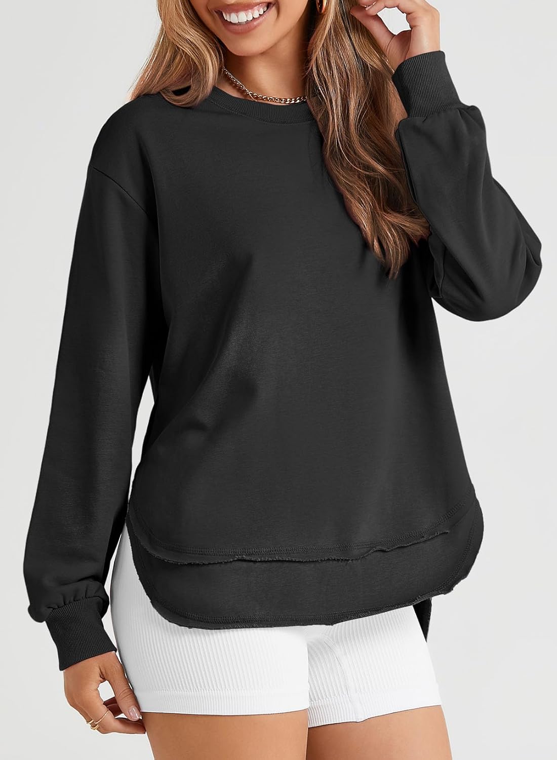 EVALESS Sweatshirt for Women Crewneck Long Sleeve Side Split Tops Casual Solid Color Loose Pullover Shirts 2025 Clothes - Image 4