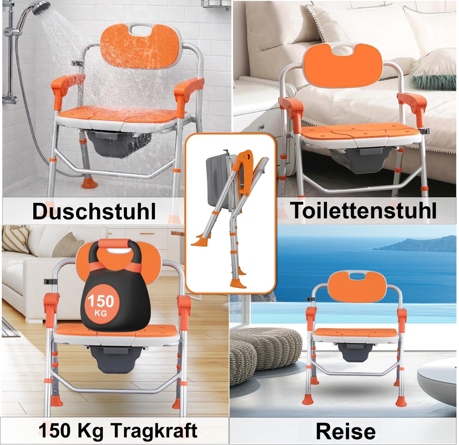 Duschstuhl faltbar, höhenverstellbar, robuster Toilettenstuhl bis 150 kg belastbar, rutschfeste WC Sitzhilfe mit Rückenlehne/Armlehnen - Deutsche Anleitung und QR-Code.