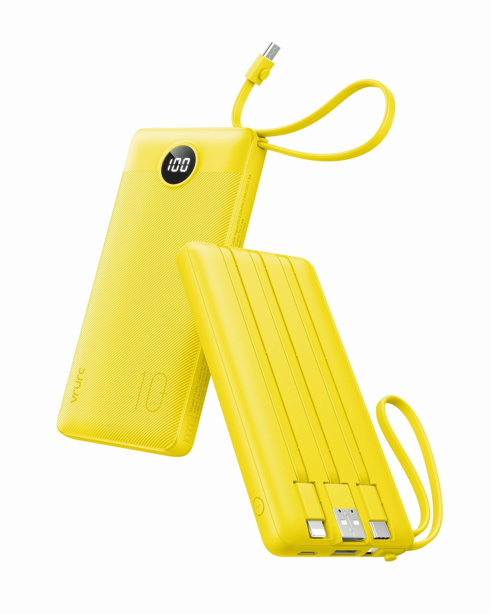 VRURC Portable Charger with Built-in Cables, 10000mAh LED Display USB C Power Bank, Slim Travel Battery Pack with 5 Output 2 Input Compatible with iPhone 17 16 15 13,Samsung,Android etc-Yellow(1 Pack)