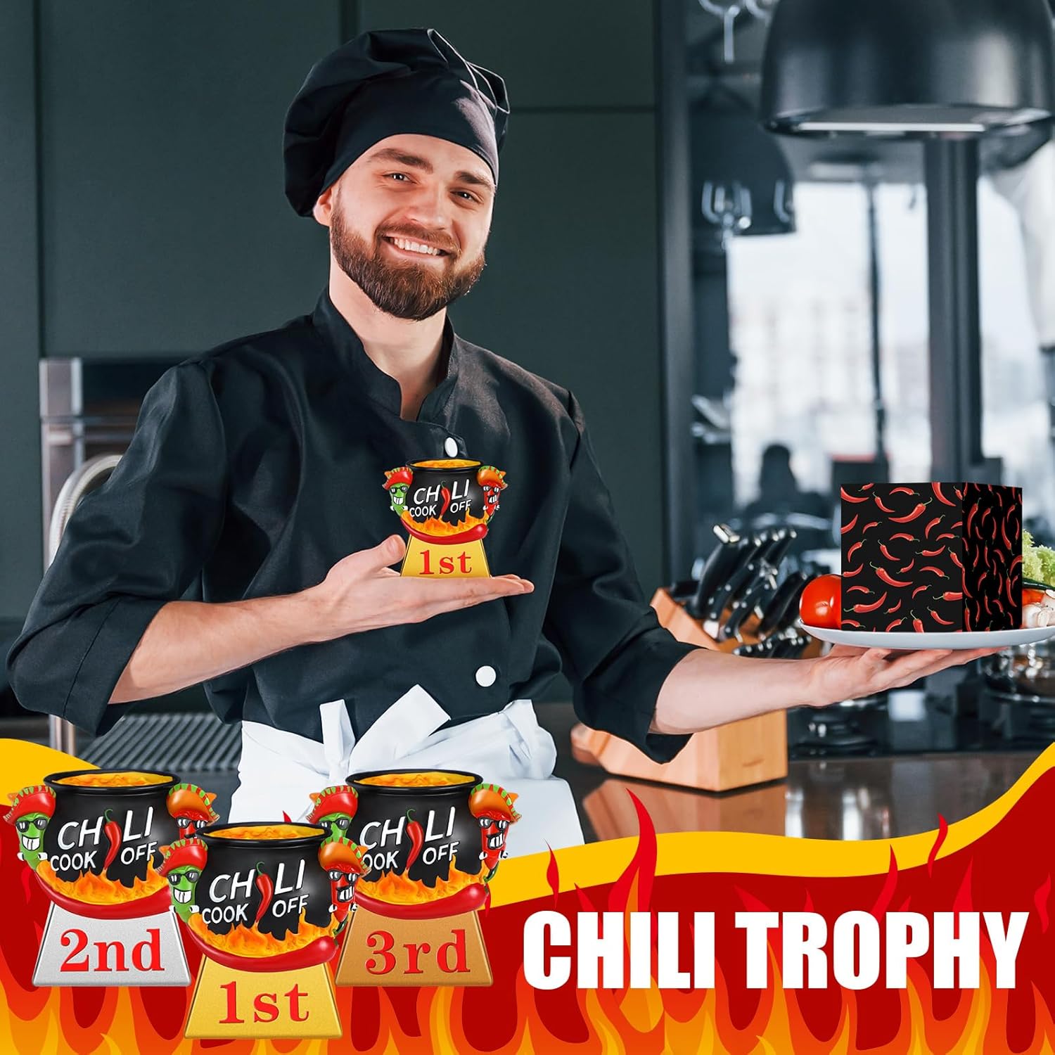 3 Pcs Chili Cook off Trophies Chili Cook off Prizes 1st 2nd 3rd Place Medals 4" Cooking Competition Trophy Awards Pepper Salsa Trophy with Base for Cooking Events Party Decorations Supplies Gifts