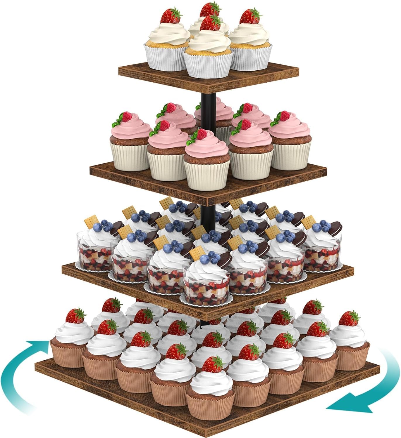 KAHEIGN 4 Tier Wooden Cupcake Stand, 30CM Square Cupcake Tower 360 Rotating Tiered Display Stand Reusable Cake Dessert Holder for Wedding Birthday Baby Shower Halloween Party