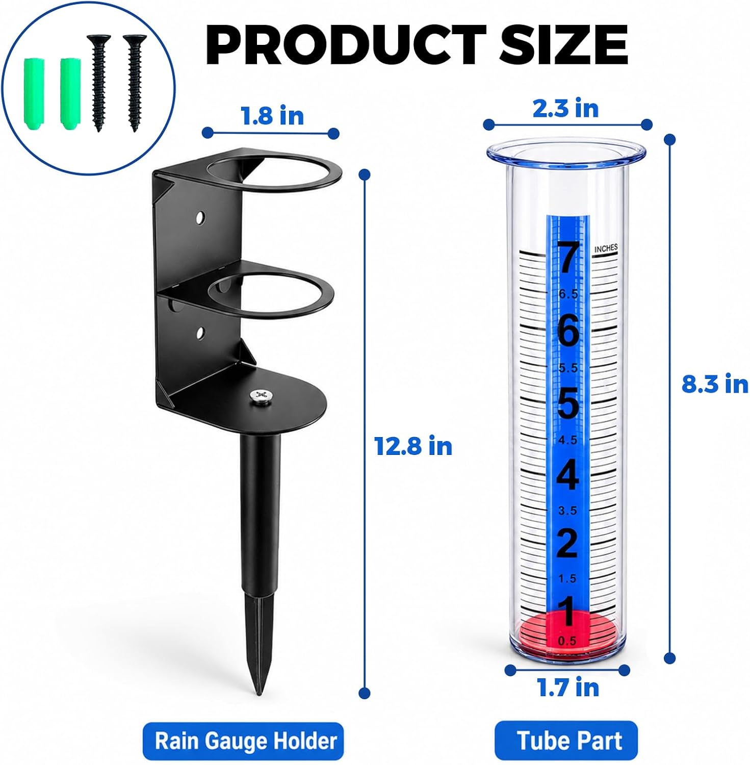 ZOZOO Rain Gauge Outdoor, 7" Rain Gauges Outdoors Best Rated with Detachable Stake & Metal Wall Mount Holder, Easy-to-Read Freeze-Proof Tube with Red Float for Yard Garden