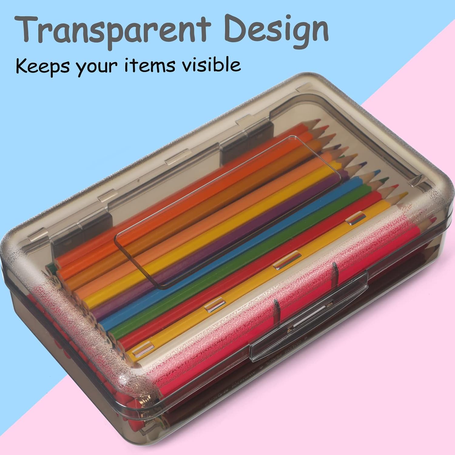 Sooez Pencil Box, Plastic Pencil Case, Hard Pencil Case with Stickers, Crayon Box Large Plastic Pencil Boxes with Lid, Stackable Supply Boxes, Pencil Case Box for Kids School Boys Classroom, Dark Gray
