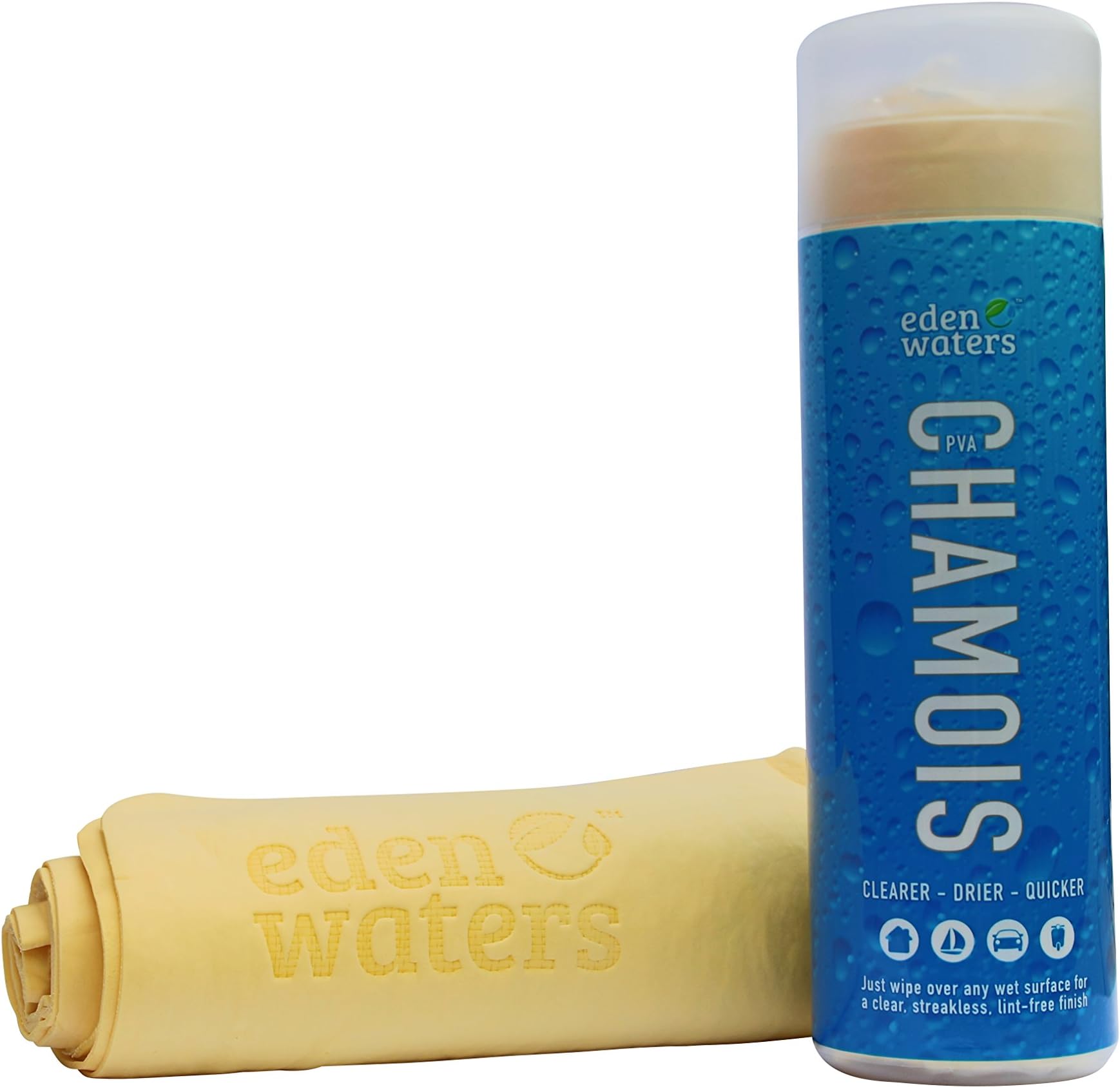 Chamois Towel by Edenwaters. Quality PVA Synthetic Cloth, Absorbes water FAST! A great Shammy for Cars, Suvs, Bikes, Trucks, Boats & at Home. Perfect for Bathrooms, Showers & Kitchens. Eco-friendly, contains no animal bi-products.