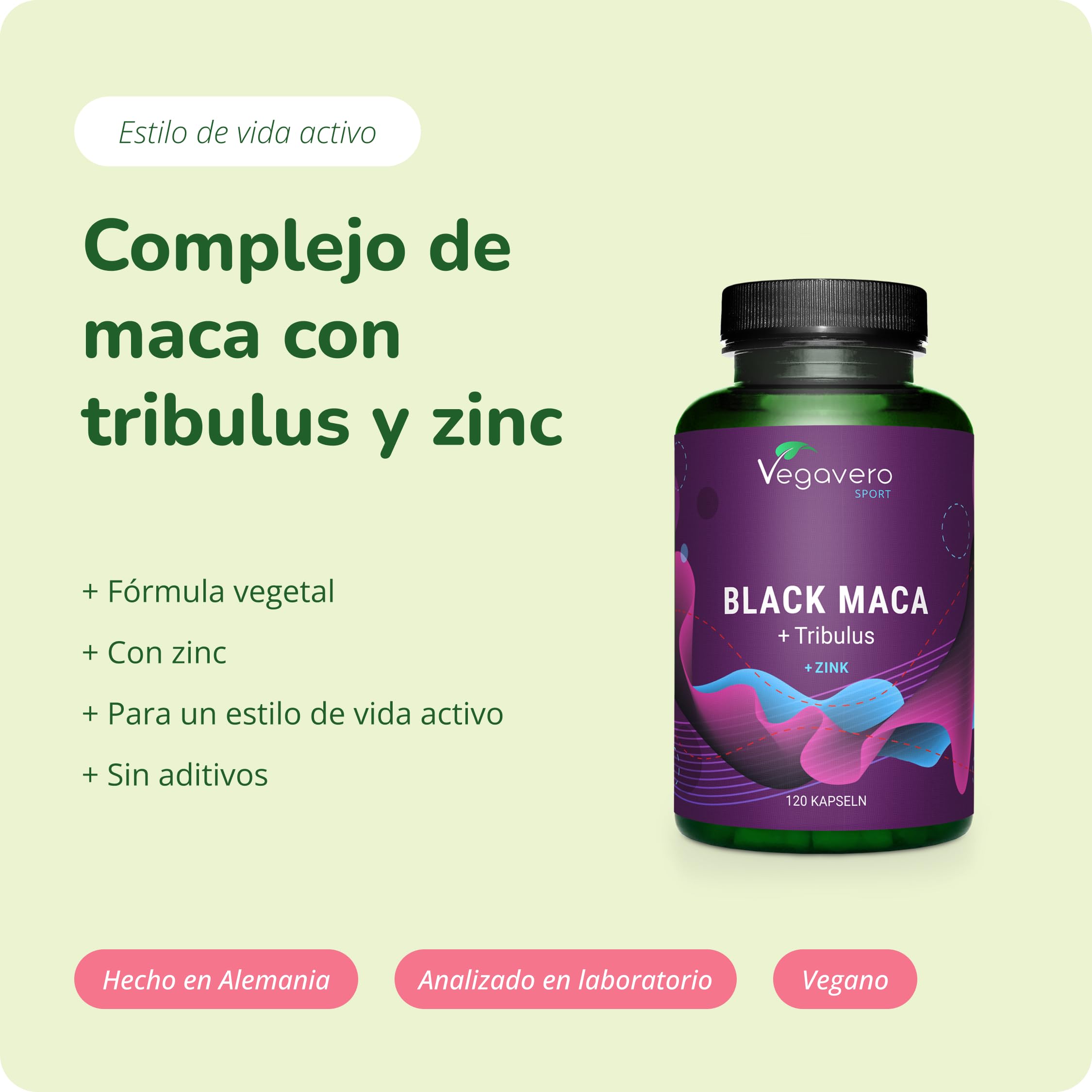 Maca Negra + Tribulus Terrestris + Zinc | PARA 4 MESES | Dosis Más Alta | VIGORIZANTE | Fuerza + Energía + Resistencia | Vegano & Sin Aditivos | Vegavero