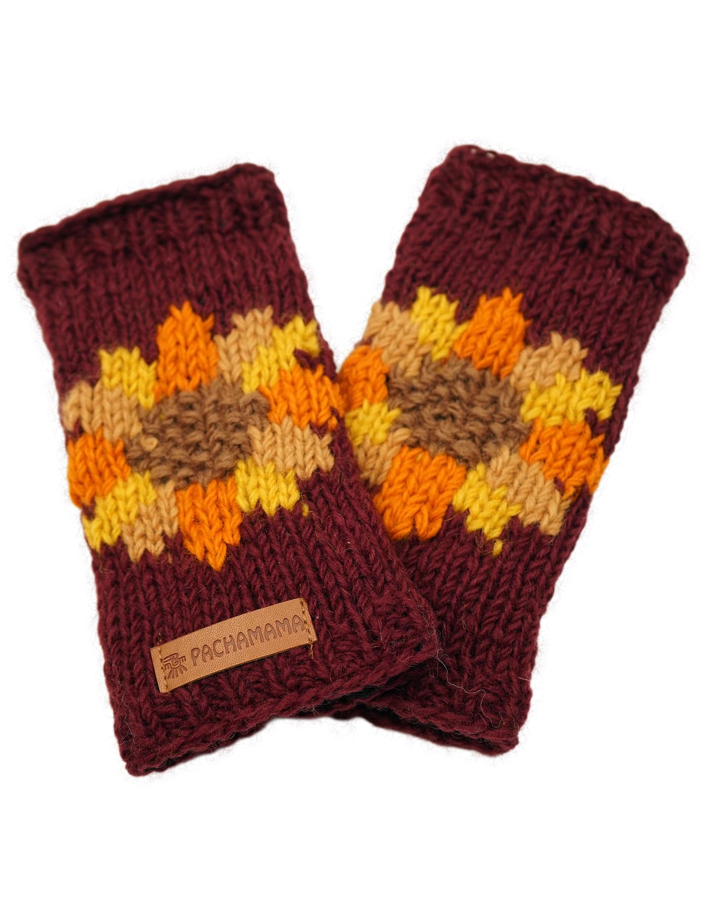 Pachamama Women Wool Hand Wrist Warmers Fleece Lined Handknitted Sunflower Design One-Size Handmade Extra Warm Fair Trade (SUNFHABU, One Size)