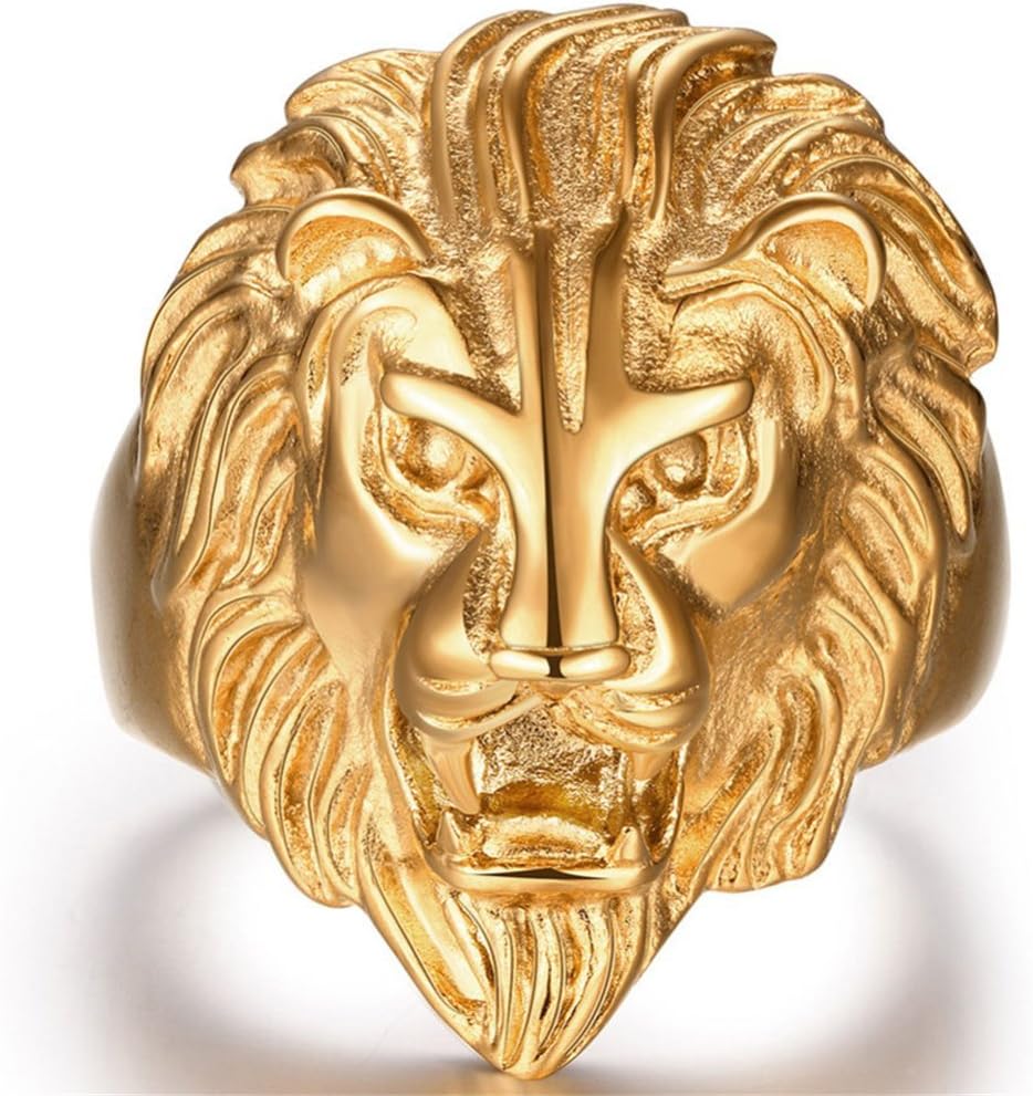 Stainless Steel Vintage Big 18k Gold Lion Head Punk Rock Gothic Ring Mens Biker Personalized Cool Band