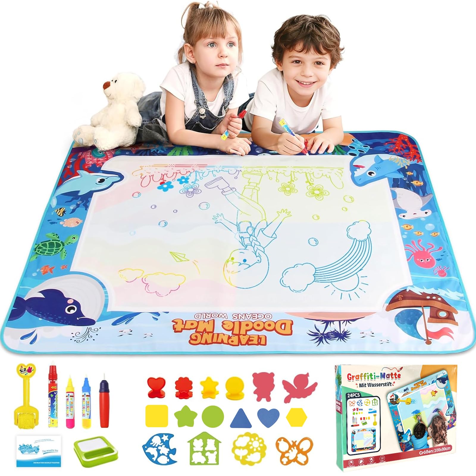 chellago Tappeto Magico 120x90cm, con Accessori, Giochi Educativi Interattivi per Bambini dai 2-6 Anni, Riutilizzabile, Nessun Inchiostro, Nessun Disordine