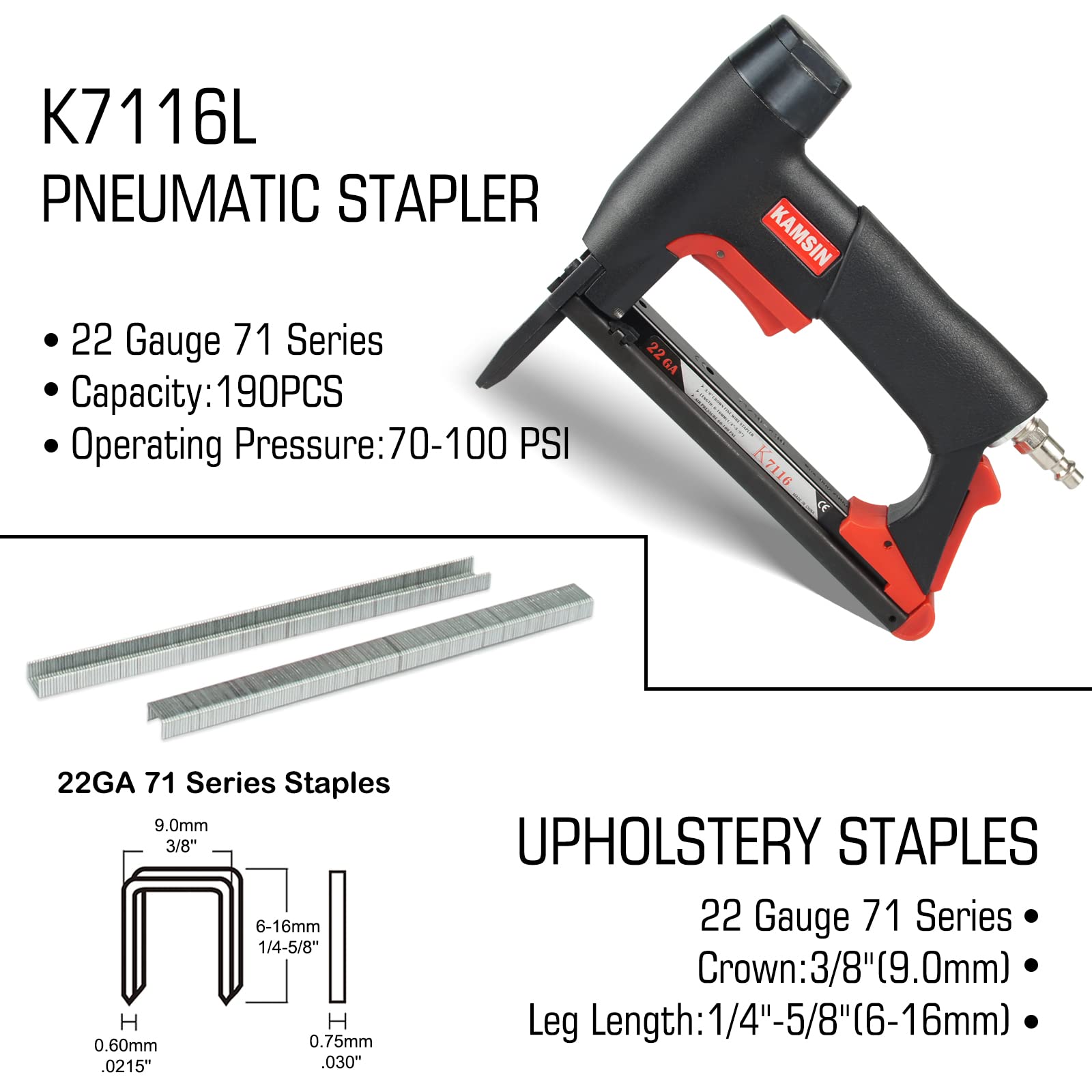 #7116L - Engrapadora neumática de tapicería de calibre 22, pistola grapadora de alambre fino de punta larga de corona de 3/8 pulgadas, grapadora de muebles de 1/4 a 5/8 pulgadas de longitud de 7