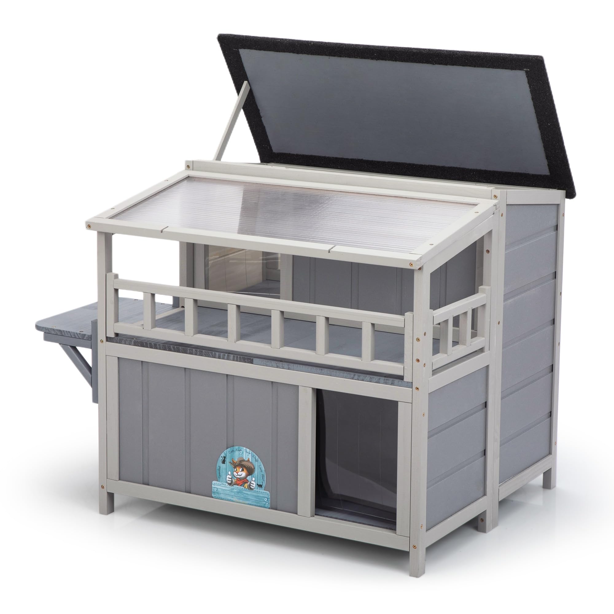 2-Tier Warm Wood Cat Shelter with Sunlight Roof, Outdoor Kitty Cat House, Balcony, Jumping Platforms, Kitty Pet Porch Enclosure, Weatherproof Outside