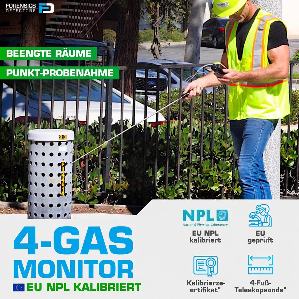 4-Gas-Messgerät mit Pumpe und Sonde | EU-Kalibrierzertifikat | Integrierte Pumpe und 4-Fuß-Sonde | Sauerstoff (O2), Kohlenmonoxid (CO), Schwefelwasserstoff (H2S), EX%UEG