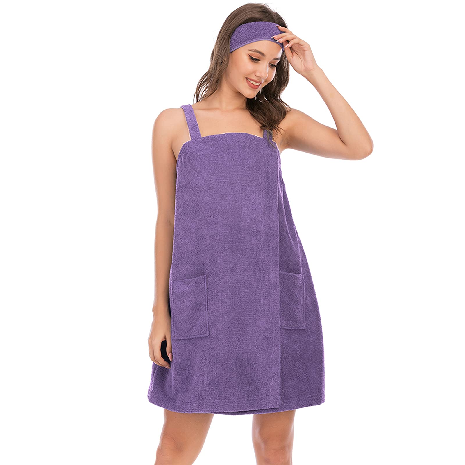 Jamron Womens Adjustable Towel Wraps Bathrobe With Headband for Gym Shower Spa & Beach Cover Ups Purple L