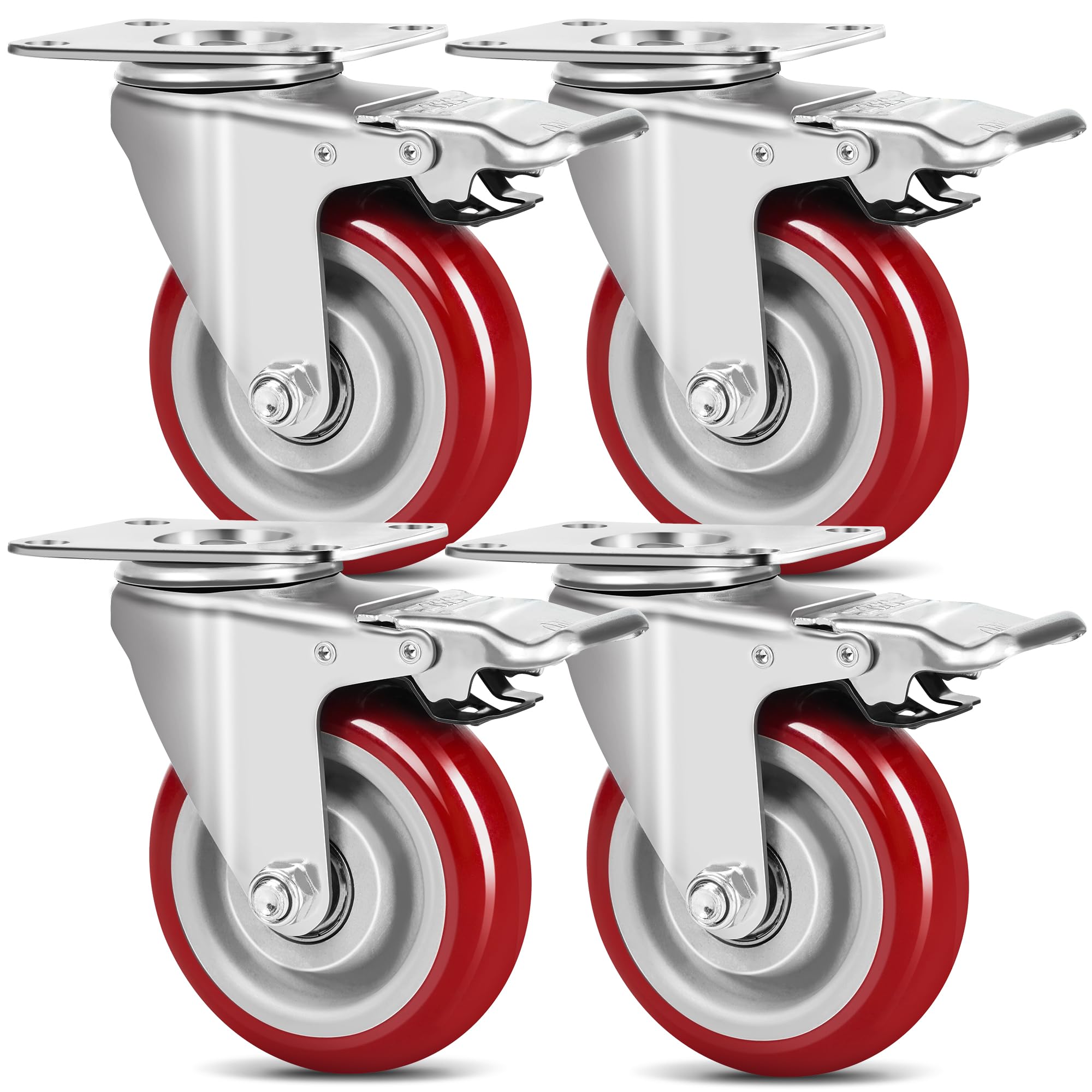 4er Set Schwerlastrollen mit Bremse, Transportrollen 100mm, Rollen Schwerlast Tragkraft 600kg, Industrierollen aus Vollgummi und Lautlose, Lenkrollen für Innen und Außen