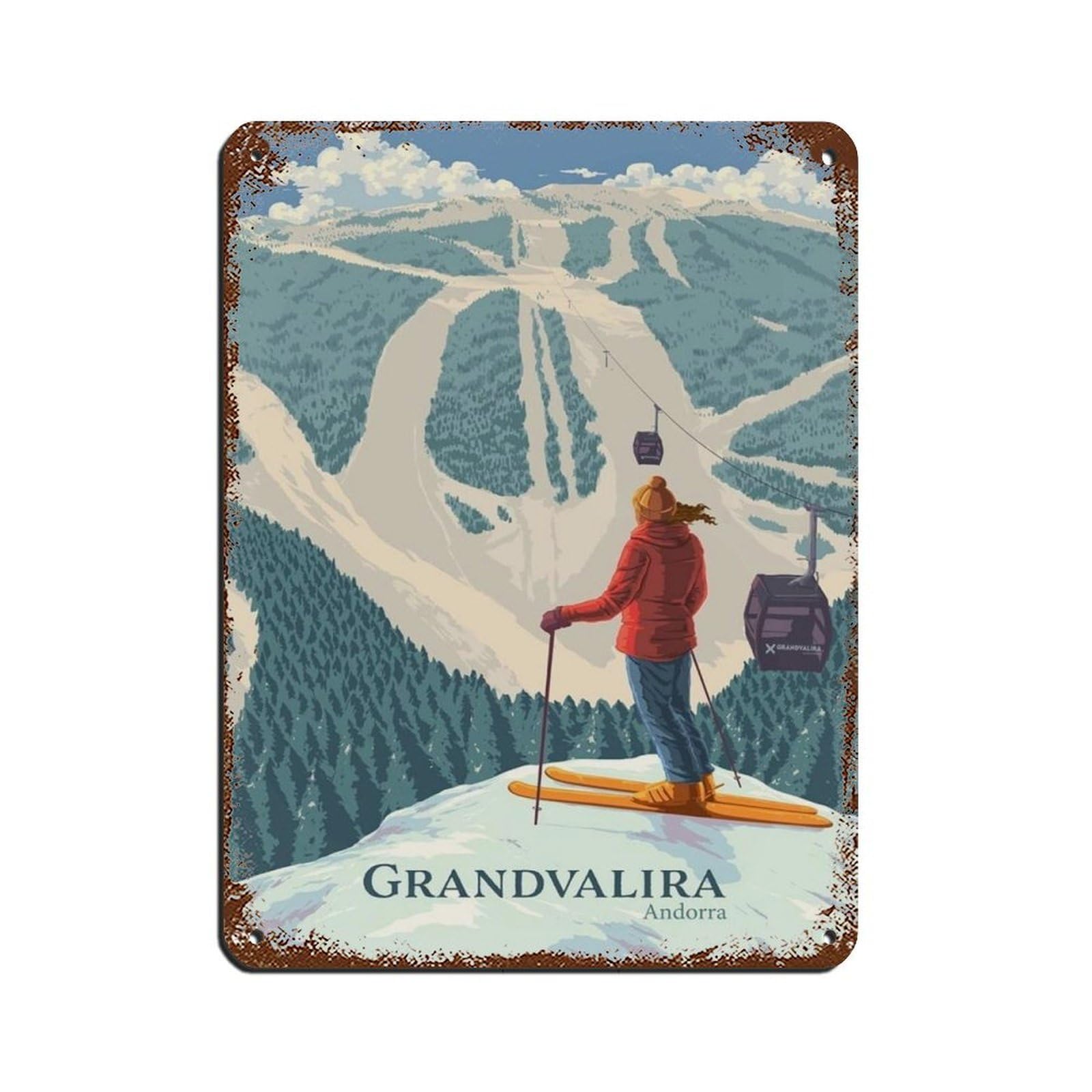 Grandvalira Poster rétro en métal décoratif, plaque murale vintage station de ski 30 x 40 cm