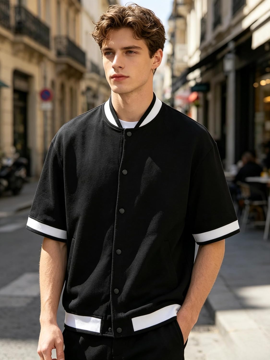 Men's Short-Sleeve Baseball Jersey Shirt, Black and White, 100% Cotton Double-Weave, Snap Button Front