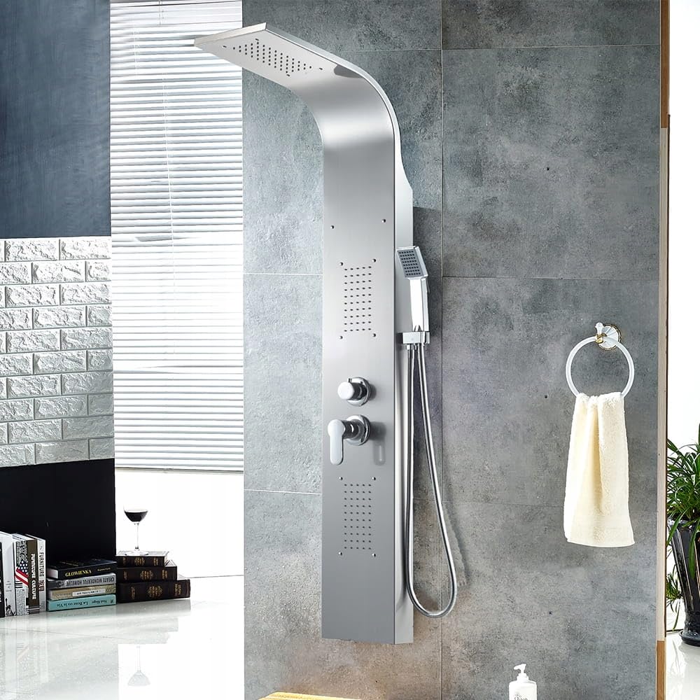 ZOLTA Panel Prysznicowy Srebrny – Zestaw Prysznicowy z Deszczownicą, Hydromasażem i Baterią, Nowoczesny Panel Natryskowy do Łazienki, Komfortowa Kąpiel SPA w Domu