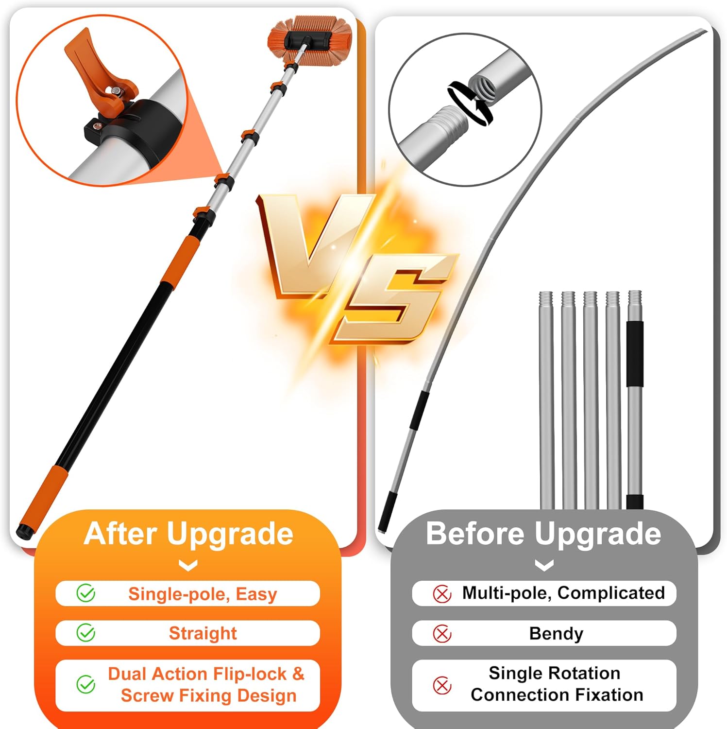 Car Wash Brush with Handle, 3-12 FT Telescopic Extension Pole, Upgraded Flip-Lock & Screw Dual Locking Design for Car, RV, Truck, Boat and Solar Panel Cleaning