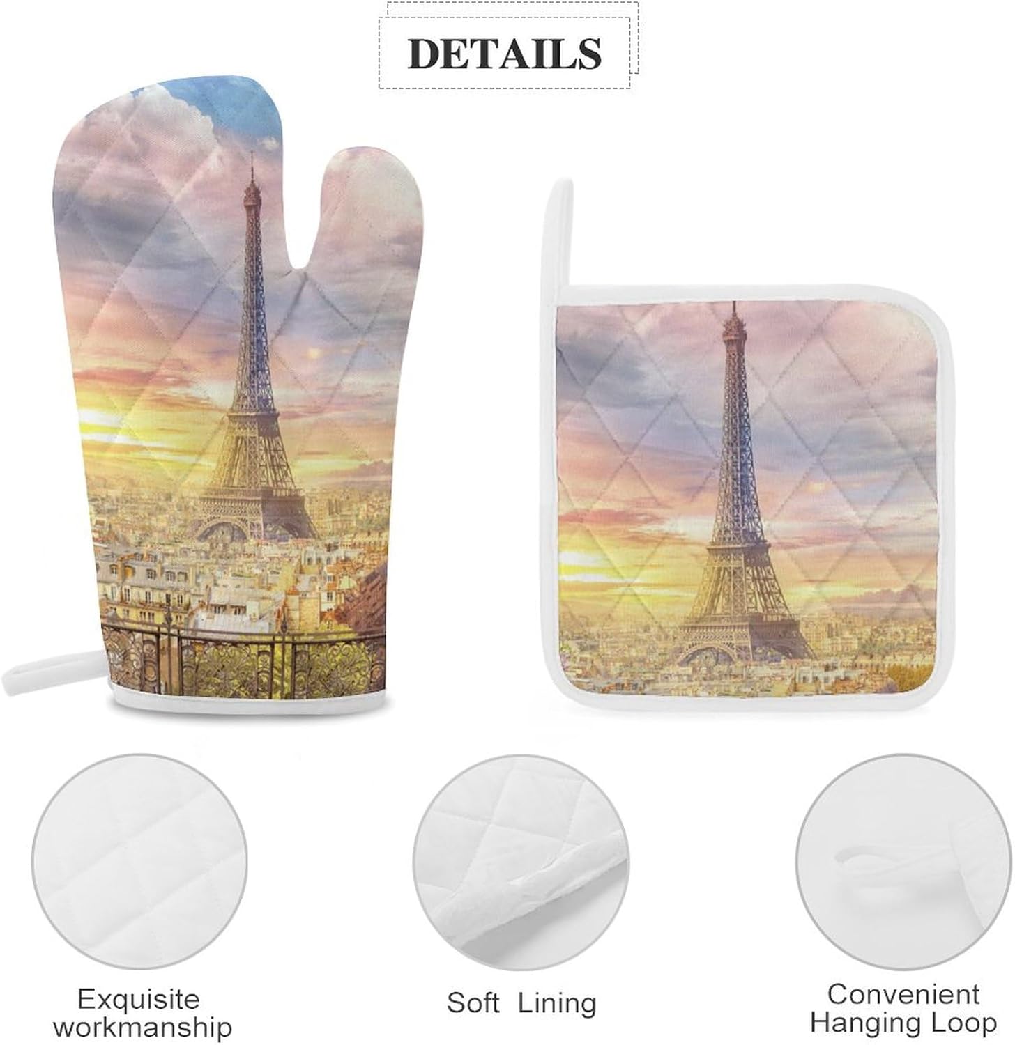 Paris Eiffel Tower Art Print Oven Mitts and Pot Holders 3 Piece Sets Heat Resistant Gloves Hot Pads Potholders for Kitchen Baking Cooking