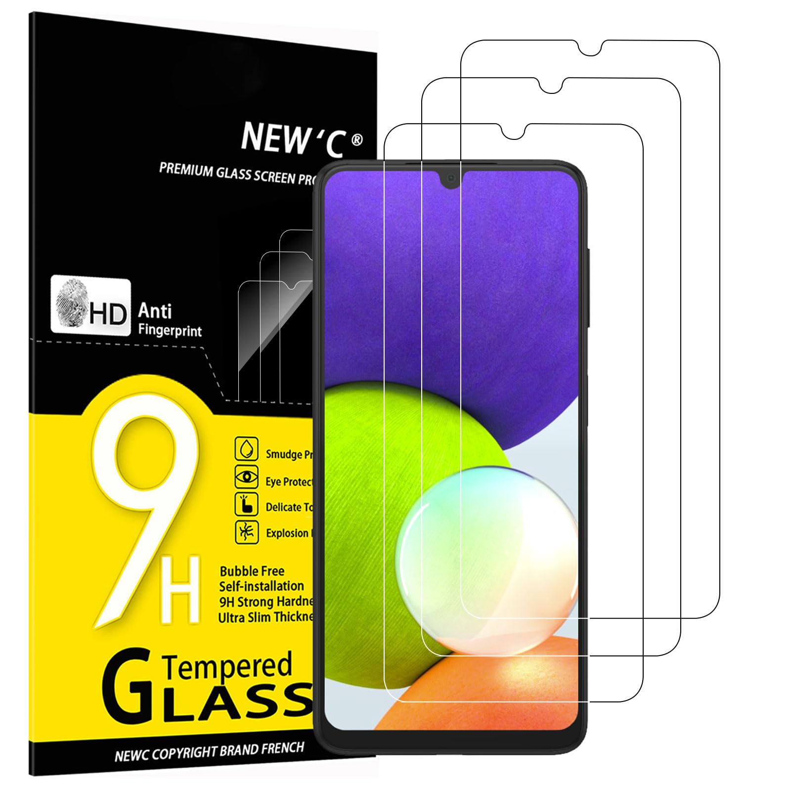 NEW'C 3 Pezzi, Vetro Temperato per Samsung Galaxy A22 4G (Non per Samsung Galaxy A22 5G), Pellicola Prottetiva Anti Graffio, Anti-Impronte, Durezza 9H, 0,33mm Ultra Trasparente, Ultra Resistente