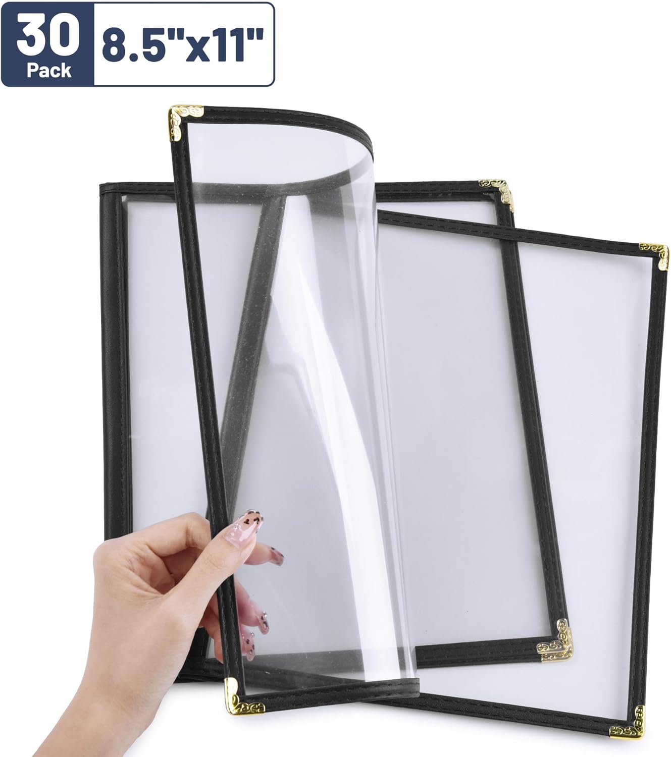 30 Pack of WeChef Food Menu Cover 2 Page 4 View Fold Fit 8.5X11 inch Paper Transparent Cafe Bar Restaurant Black