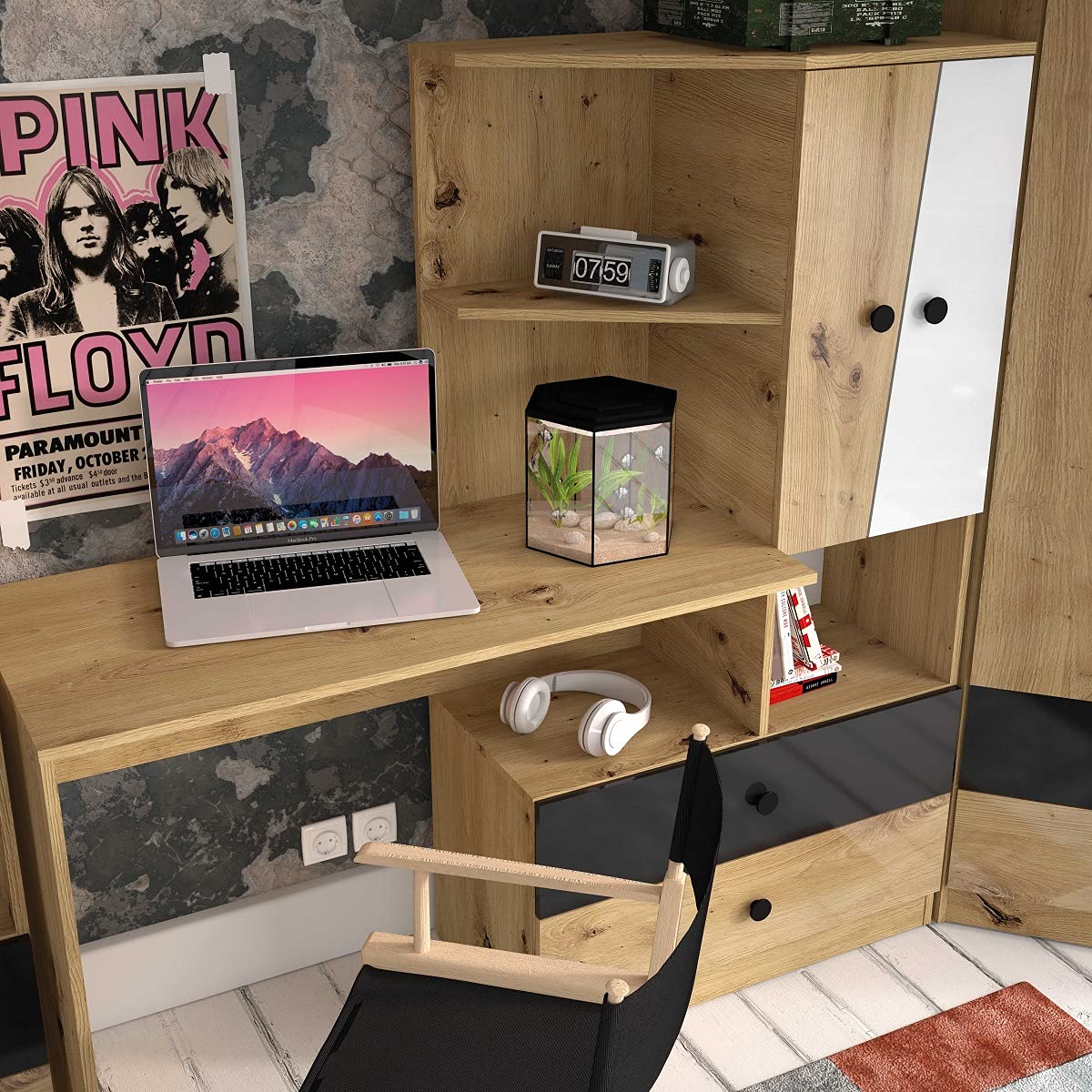 QMM Jugendzimmer Kinderzimmer komplett Neo Set A Schrank Schreibtisch Regale (Schwarz-Matt)