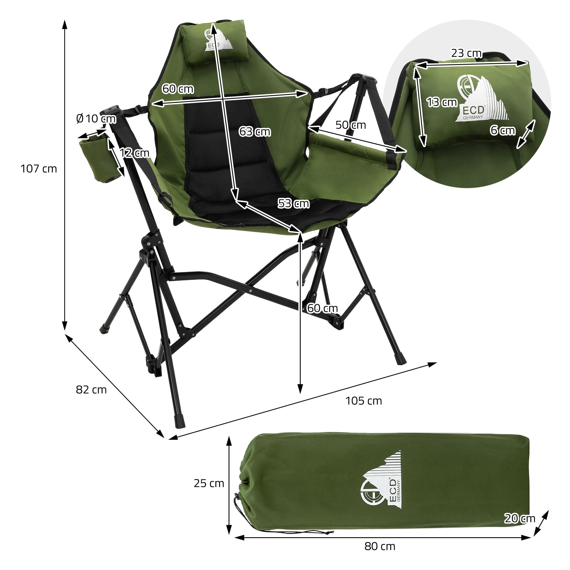 ECD Germany Skladane Krzeslo Campingowe Khaki Krzeslo Wedkarskie Bujany z Metalowa Konstrukcja Regulowane Wysokie Oparcie z Zaglówkiem Uchwyt na Napój Torba Fotel Outdoor na Camping Wedkowanie Ogród