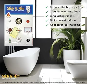 Toilet Target Stickers for Big Boys with Sticker Applicator Tool for Easy Installation. Fun Toilet Target Aiming Stickers for Boys and Men Helping Keep Floors Clean.