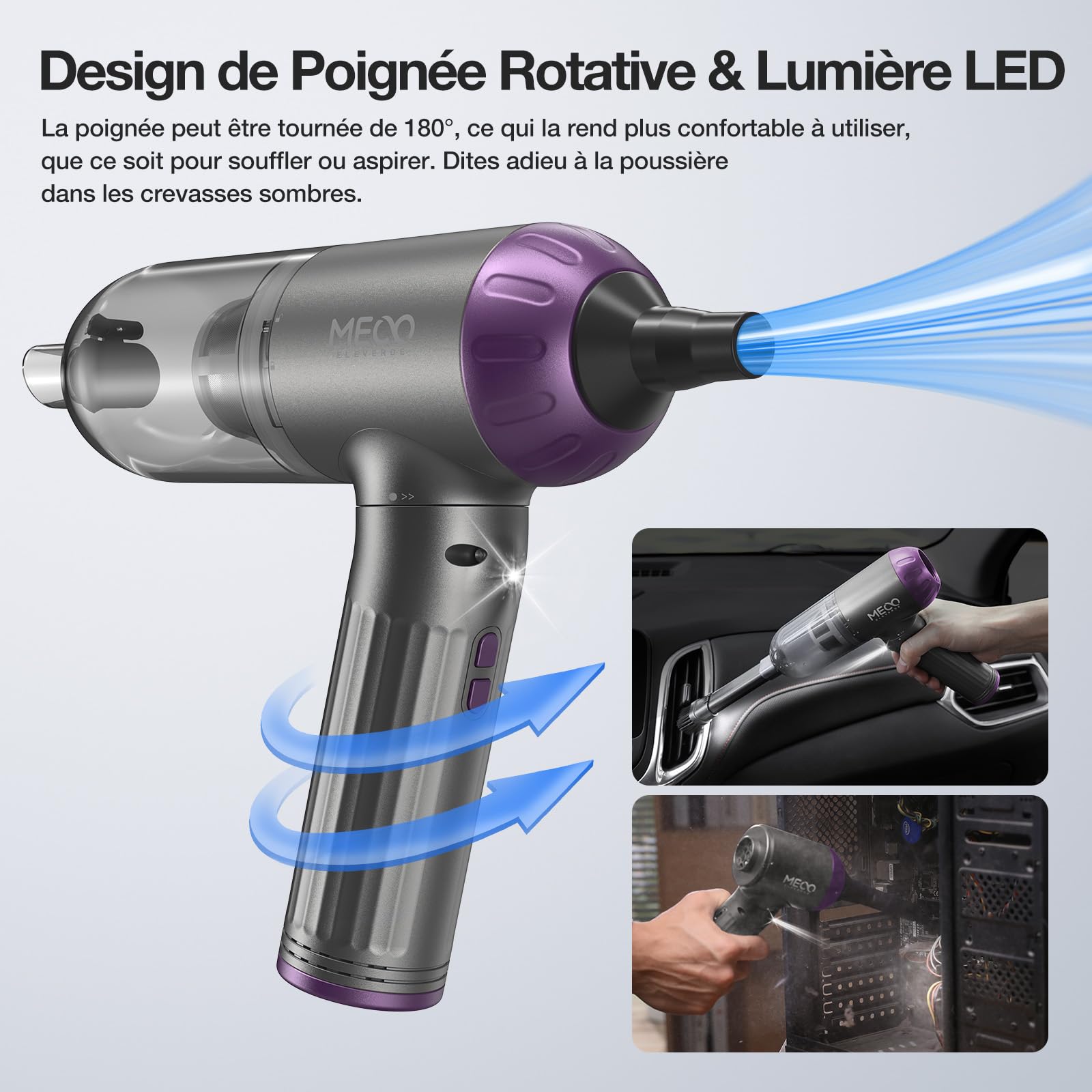 MECO ELEVERDE 4 en 1 Aspirateur Voiture Puissant sans Fil, 18KPA Mini Aspirateur à Main Souffleur Air Comprimé avec Moteur sans Balai et Lumières LED pour Voiture, Maison, PC Bureau (Violet)