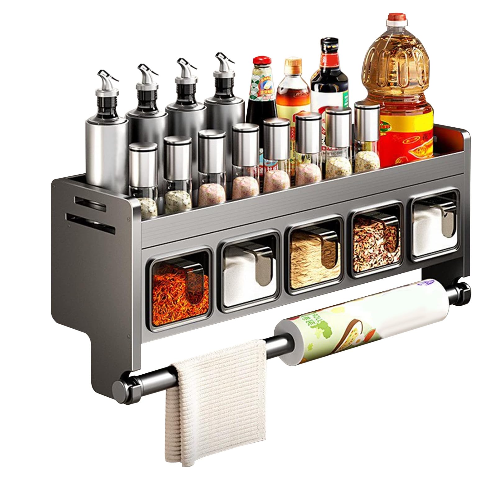 Estantería para especias con botes de especias, estantería de cocina de pared sin necesidad de taladrar, juego de combinación de organizador de cocina y estante de almacenamiento, estante para