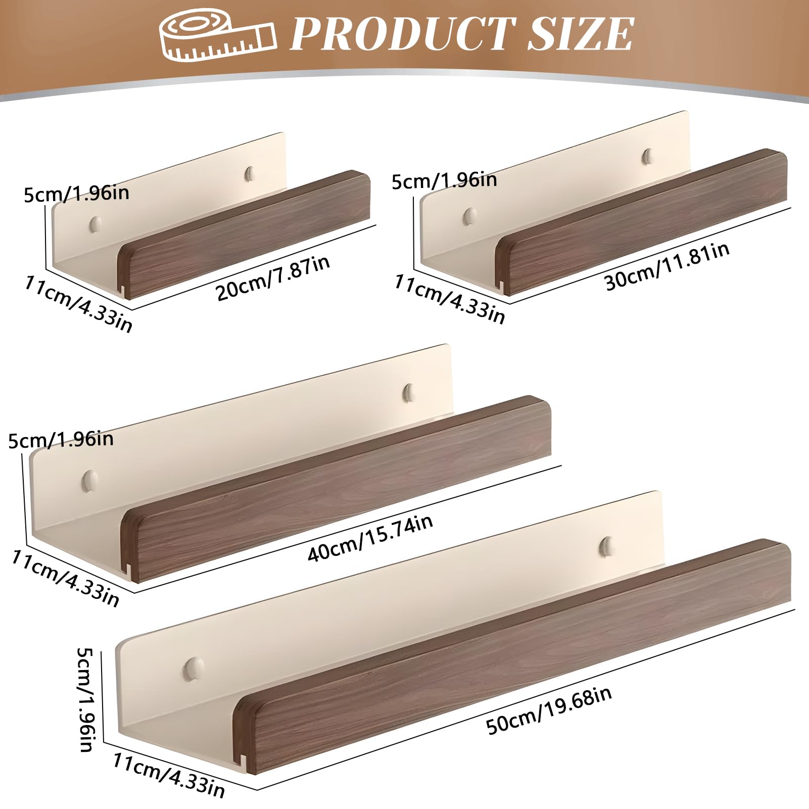Estantes de ducha de madera sin taladrar, paquete de 2 estantes flotantes de pared, ideal para baño, cocina, sala de estar, oficina, dormitorio nizat (40 cm)