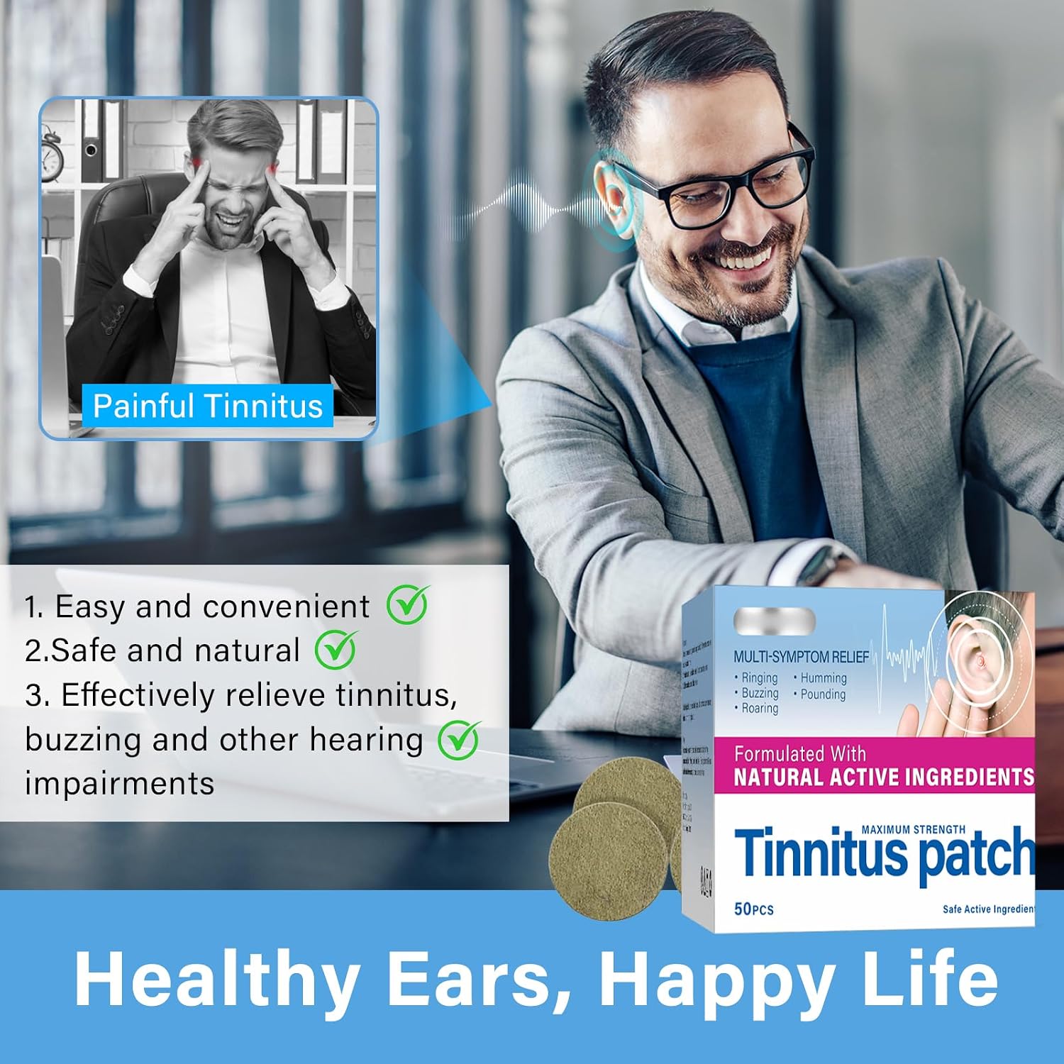Tinnitus Relief for Ringing Ears | Tinnitus Relief Patches 50PCS – Soothing Herbal Extract Formula for Ringing Ears, Hypoallergenic & Drug-Free Ear Support, Gentle on Sensitive Skin