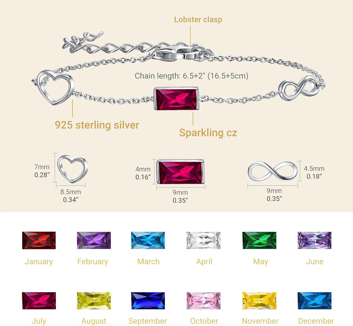 E Infinity Heart Bracelet 925 Sterling Silver Birthstone Adjustable Bracelet for Women, Friendship Birthday Anniversary Jewelry Gifts for Her Best Friend Mom Wife Girlfriend - Image 4