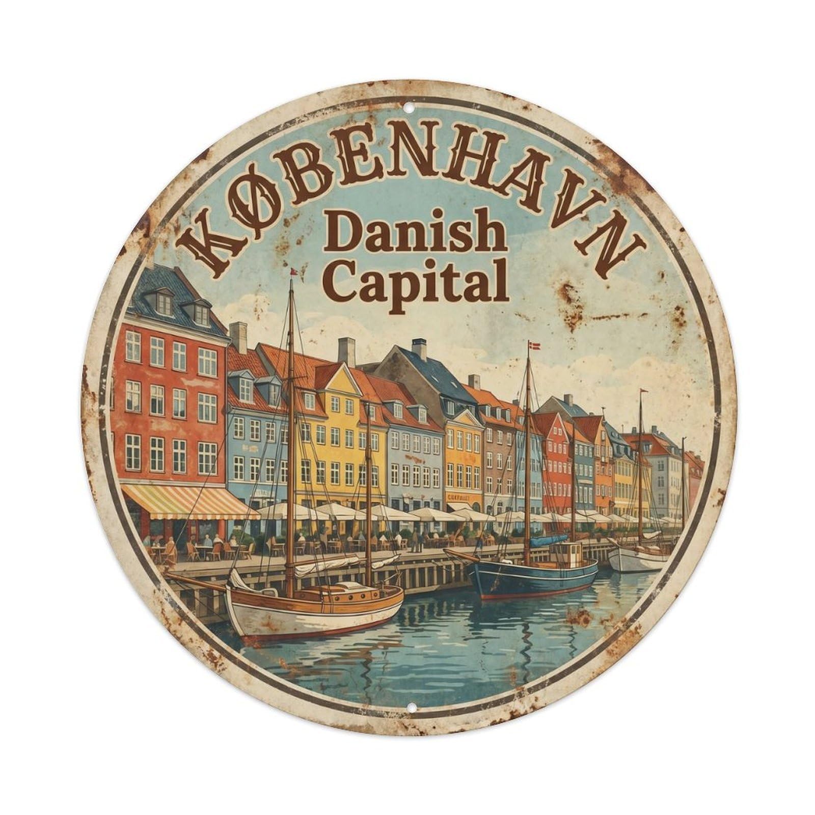 Vintage Travel Copenhagen Harbor Colorful Metal Tin Sign Plaque Wall Decor for Cafe, Club Bar, Office, Home Garden Round Metal Poster 8x8Inch