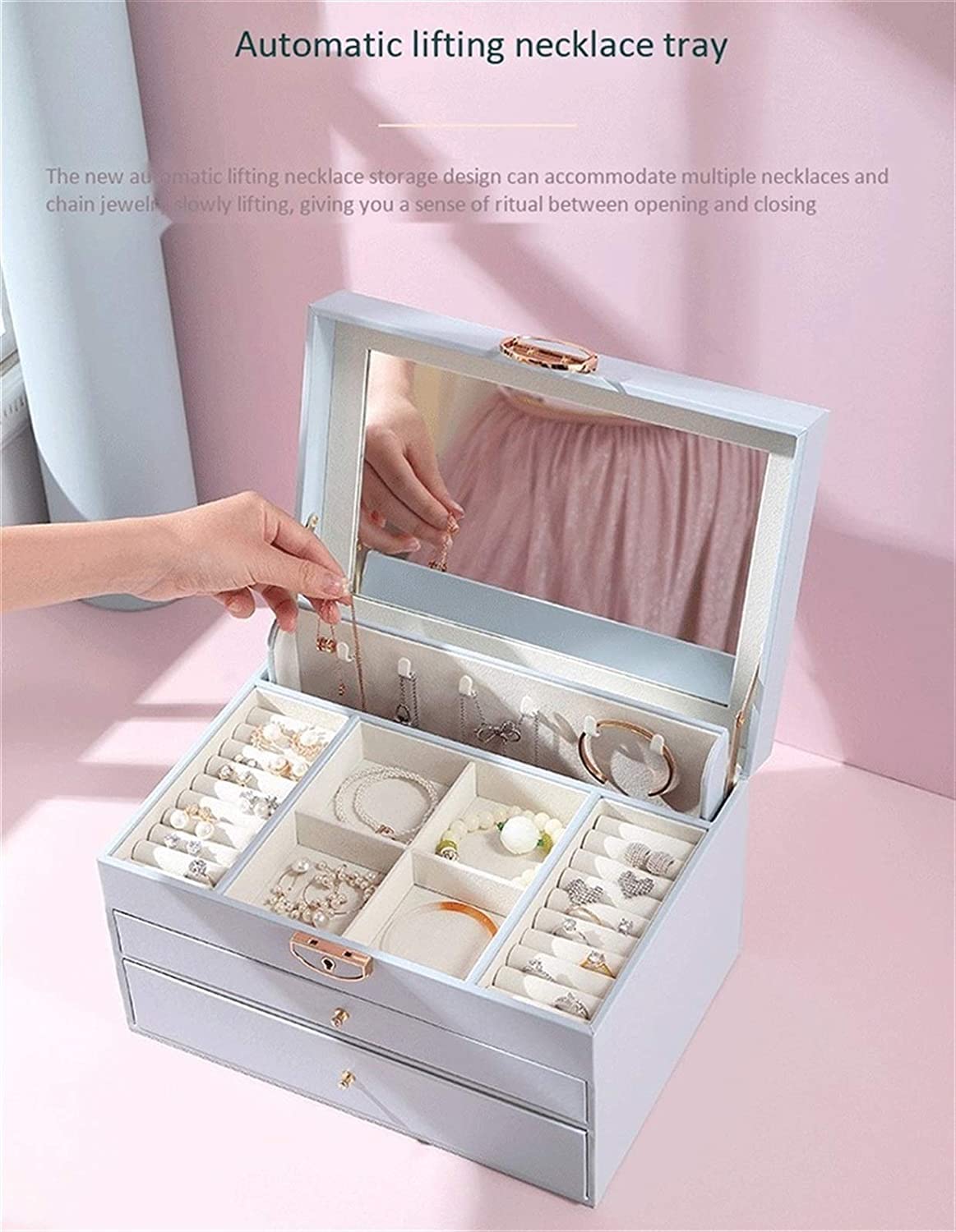 Caja De Joyería Caja Organizadora De Joyería De Cuero PU Para Mujer, Caja De Almacenamiento De Joyas De Viaje Con Cerradura Y Llave Para Collar, Pendiente, Anillo, Pulsera Organizador De Joyas(White)