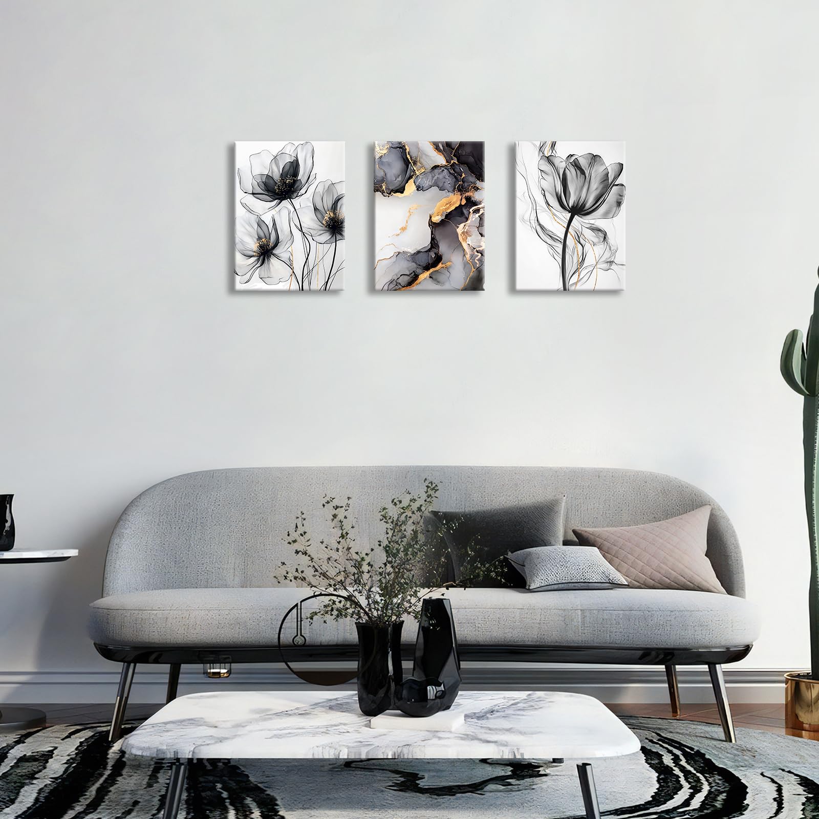 3 Pcs Wooden Framed Canvas Wall Art Canvas Prints Watercolour Poppy Flowers Painting Marble Black Ash Gold Abstract Pictures for Living Room Bedroom Bathroom Home Wall Decoration 30x40 cm x3pcs - Image 4