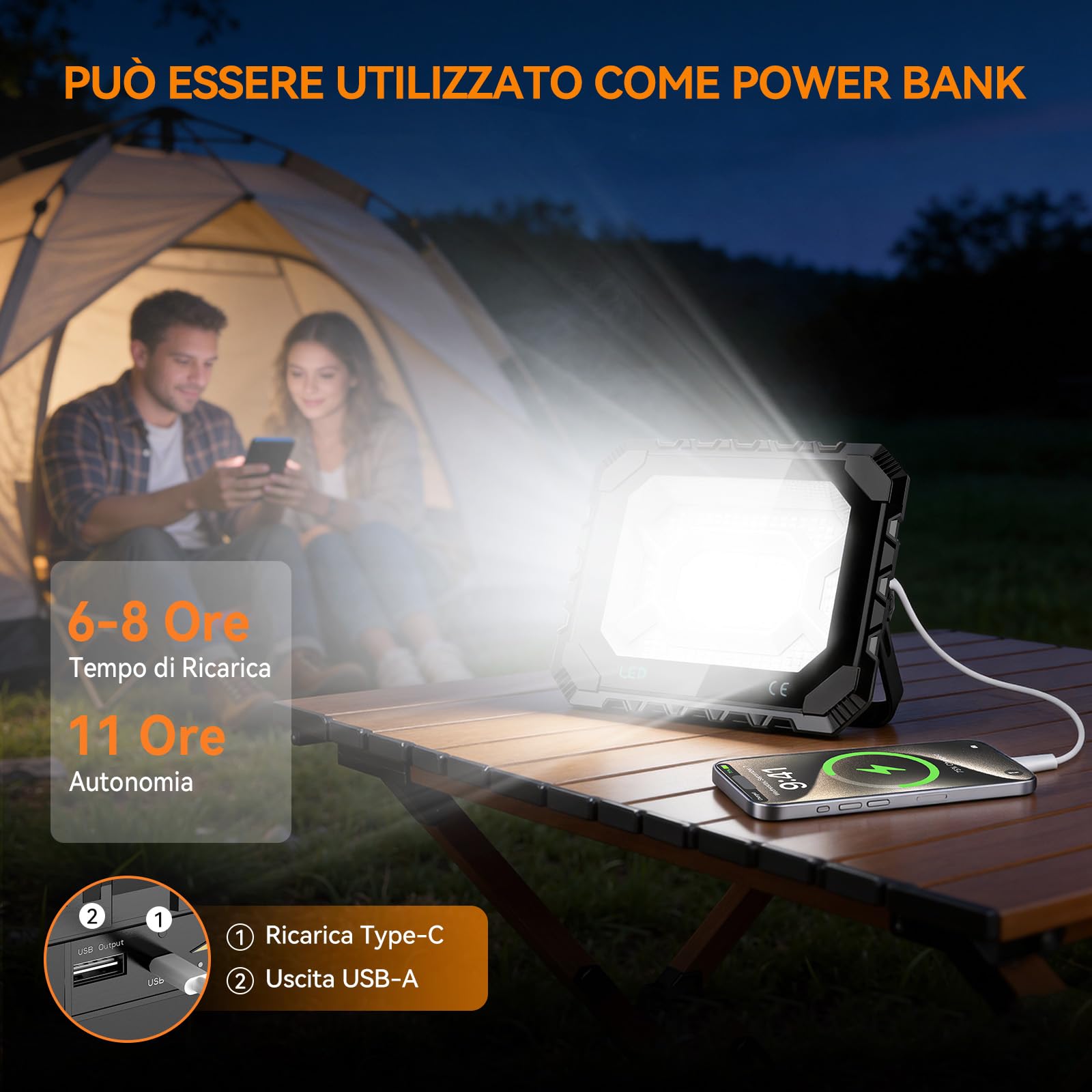 Adewalk 100W Faro Led Ricaricabile, 12000mAh 10000LM Faretto a Batteria Portatile con Pannello Solare, 5 Luce Modalità, IP66, Faretto led Ricaricabile Esterno per Campeggio, Emergenza, Cantiere