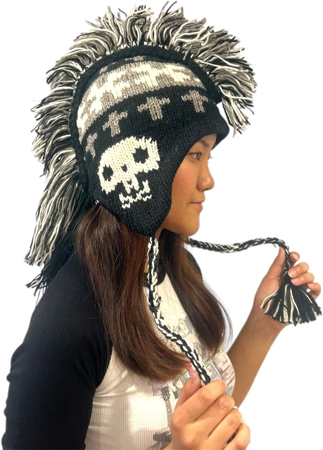 Bone Skull Mohawk Hat - Black and White Skull Hat | Handmade in Nepal - 100% Cotton One Size - Image 6