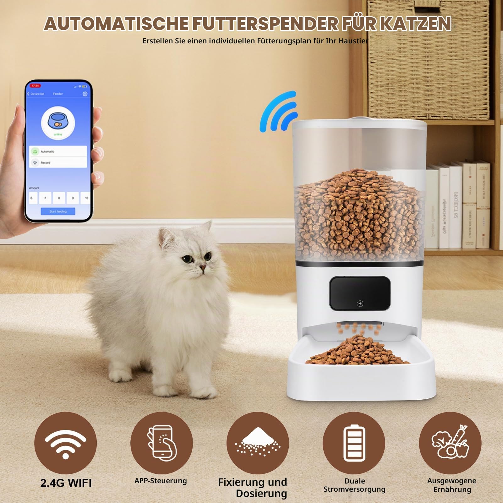 Gugxiom 6L Futterautomat Katze, WiFi Intelligenter Automat Futterspender für 2 Katzen, APP-Steuerung, Doppelnetzteil, Futterspender für 2 Katzen, Hunde