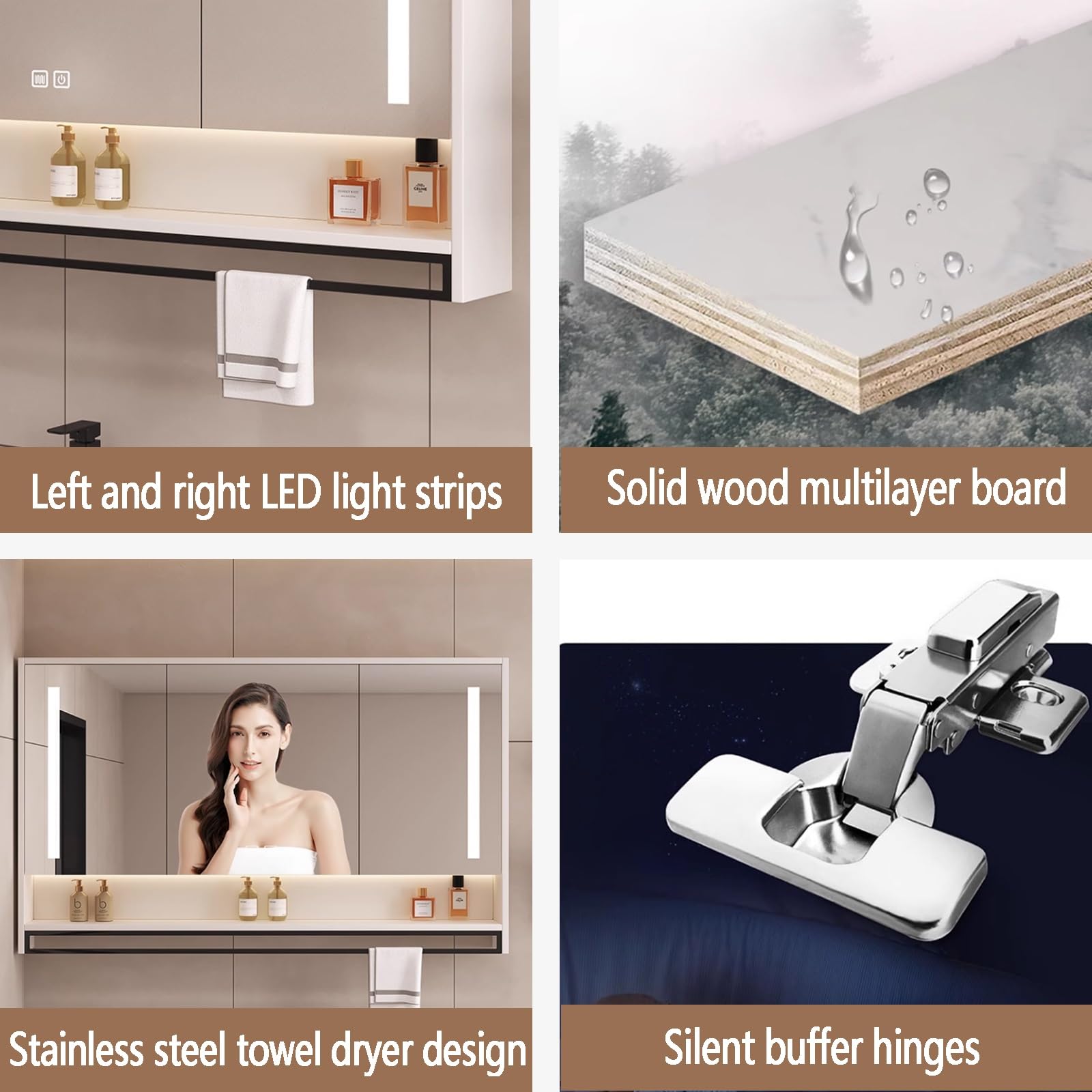 LED Armario de Baño Rectangular con Luz LED madera maciza,Armario con Espejo Antivaho de Maquillaje Inteligente,Gabinete De Espejo De Tocador De Baño Montado En La Pared,Con toallero,(White,90*13*65cm